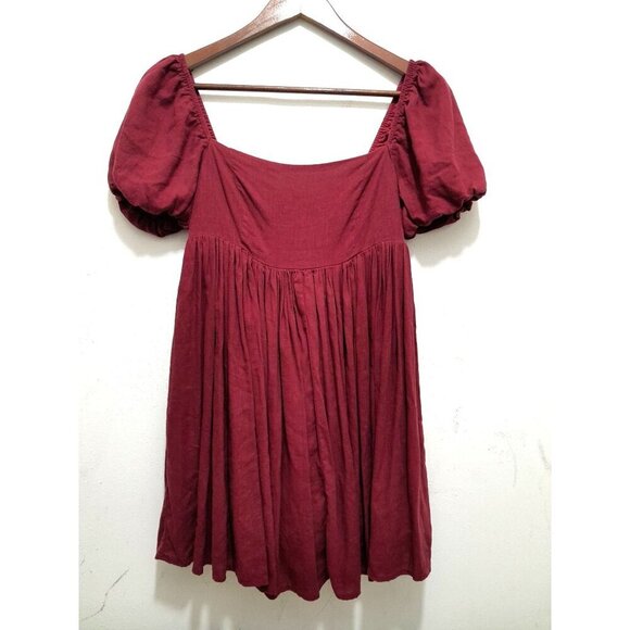 Mable Linen Blend Puff Sleeve Babydoll Dress Wine Red Size S - Picture 1 of 6